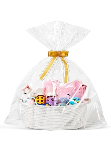 YOUWE7 Small Woven Basket with Gift Bags and Ribbons, Empty Decorative Gift Chest Box, Cute Baby Gift Basket for Nursery, Cotton Rope Room Shelf Storage Basket with Handles (White)