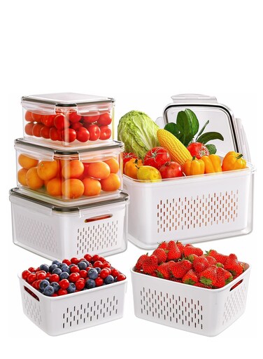 4-Pack Fruit Storage Containers for Fridge with Removable Colanders, 4 in 1 Produce Storage Containers with Lid for Salad Berry Lettuce Vegetables Meat Keeper