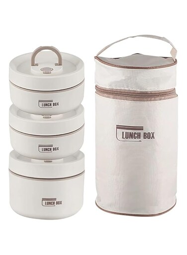 Pepisky Portable Insulated Lunch Box Set, Stackable Stainless Steel Bento Box with Thermal Bag, 3 Tier Bento Lunch Box Thermal Lunch Box for Adults, Kids, School Work Picnic Travel (Beige)