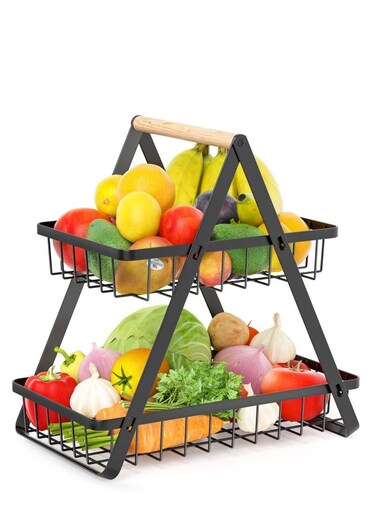2 Tier Fruit Basket, Upgraded Fruit Bowl, Detachable Metal Fruit Holder Vegetable Basket for Kitchen Counter, Large Capacity Fruit Storage Stand Organizer for Produce Bread Snack, Black
