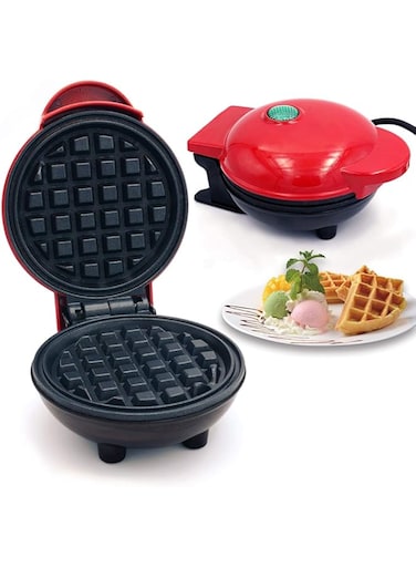 Arabest Mini Waffle Maker, Portable Personal Electric Non-stick Waffle Iron, 10cm Round Waffle Maker Grill Machine, Easy Clean Automatic Temperature Control Chaffle Maker for Breakfast, Snack (Red)