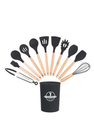 Cooking Utensils Set With Wooden Handles Metal Container, Cookware,Kitchen Utensils,Silicone Utensils, Nonstick Cookware, Heat Resistance Black/Brown 11.93inch