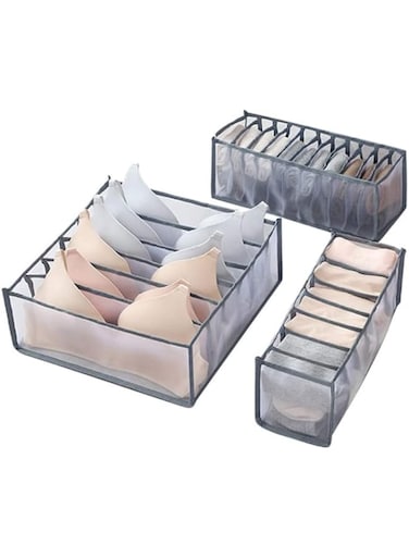 SKEIDO 3Pcs Collapsible Storage Boxes Bra Underwear Closet Organizer Foldable Container Case Drawer Divider for Necktie Bra Sock Underwear Organizer Home Closet Organizer Boxes Storage Holder -Gray