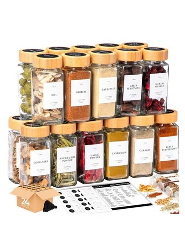 Spice Jars, Seasoning Organizer with Label and Shaker Lid, 24 pcs Empty Glass Container Set