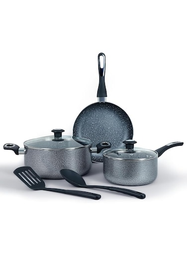 Impex Aluminum Cookware Set Of 7 Pieces-Non-Stick Granite Surface, Tempered Glass Lid, Frying Pan, Saucepan With Lid, Milkpan With Lid,2 Spatula,1 Year Warranty-NCB 7104