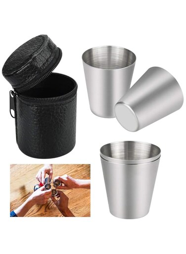 PERFETSELL 4 Pcs 30ml Stainless Steel Cup Food Grade Metal Tumblers Camping Drinking Gl Mug Mini Portable Shot Gl Set with Black Leather Bag for Hiking Picnic Camping Travel, BPA Free
