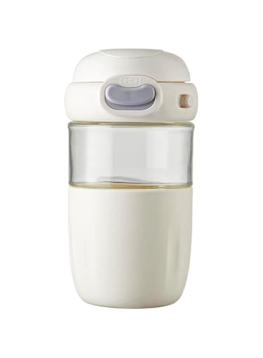 Azonee Reusable Coffee Cup, 16 oz Clear Glass Travel Mug with Flip-open Lid, 100% BPA Free, Microwave Safe, Anti-slip Silicone Sleeve (White)