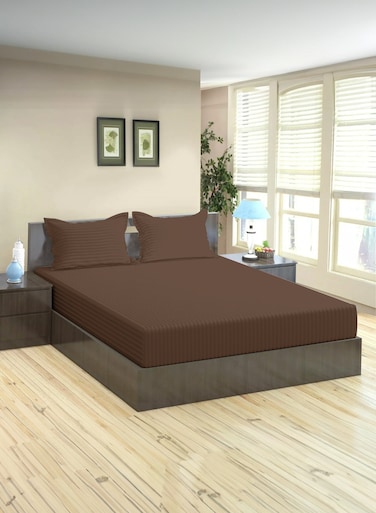 Linen King Striped Fitted Elastic Bedsheet with 2 Pillow Case 200 x 200 Cm Coffee Brown