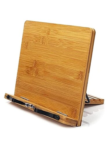 Bamboo Book Stand, Adjustable Book Holder Tray and Page Paper Clips-Cookbook Reading Desk Portable Sturdy Lightweight Bookstand-Textbooks Books (34 * 24cm)