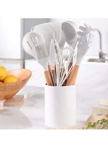 11-Piece Silicone Non-Stick Cooking Utensil Set with Wooden Handle &acirc;&euro;&ldquo; White/Brown. 34cm &acirc;&euro;&ldquo; Heat-Resistant, BPA-Free, Ideal for Non-Stick Cookware, Complete Kitchen Set