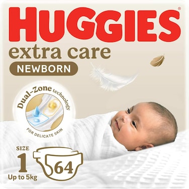 Huggies Extra Care Newborn Baby Diapers, Size 1 (Up to 5 kg), Jumbo Pack, 64 Diapers