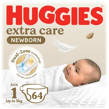 Huggies Extra Care Newborn Baby Diapers, Size 1 (Up to 5 kg), Jumbo Pack, 64 Diapers