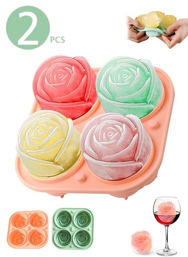 2 PCS Whiskey Ice Cubes Mold,Rose Gift Ball Ice Maker Mold, 8 Ice, Fun Shapes, Silicone Ice Cube Tray for Birthday Party,Rose Ice Cube Mold for Cocktails, Bourbon (Pink and Green)