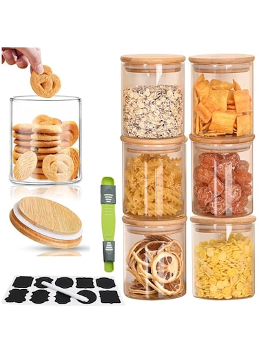 Tycom Glass Jars Set 8cm*10cm (6 Packs), Food Storage Containers for Kitchen, Spice jars With Labels, Marker and spoons, Wood Lid. (Round 6p)