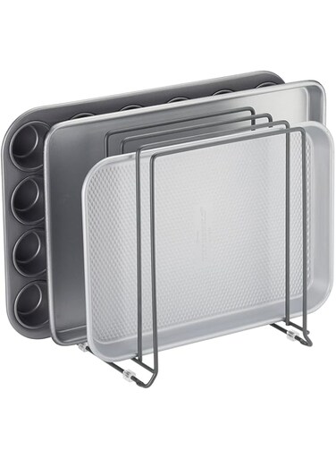 mDesign Metal Dish Rack for Baking Trays - Compact Pot Lid Holder for Kitchen Cabinet - Space Saving Stand for Cookware with 5 Compartments - Dark Grey