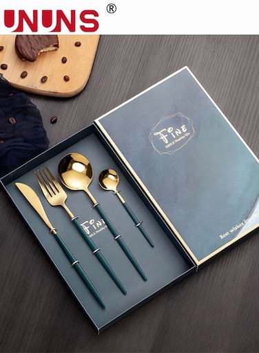 Cutlery Flatware Set,4 Pcs Kitchen Flatware Silverware Set,Stainless Steel Knives Spoons And Forks Tableware,Dining Cutlery Set,Gold Utensils For Family Gatherings Daily Use,Blue Golden