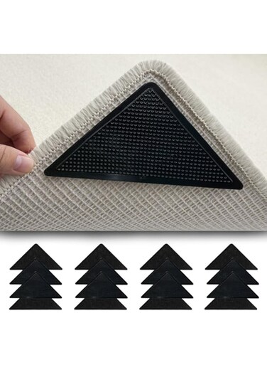 16 Pcs Non-Slip Rug Tape, Double-Sided Adhesive Rug Stickers for Hardwood Floors &amp; Tiles, Reusable Carpet Grippers to Keep Rugs Flat (Black)