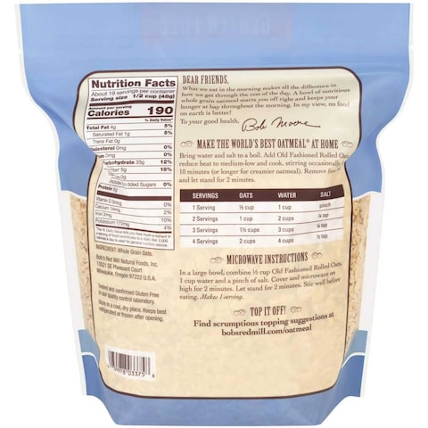 Bob&#39;s Red Mill Gluten Free Organic Whole Grain Old Fashioned Quick Cooking Rolled Oats, 907g