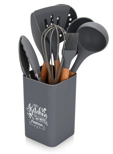 9-Piece Kitchen Utensil Set with Holder Rack, Silicone Cooking Kitchen Tool Set with Wooden Handle