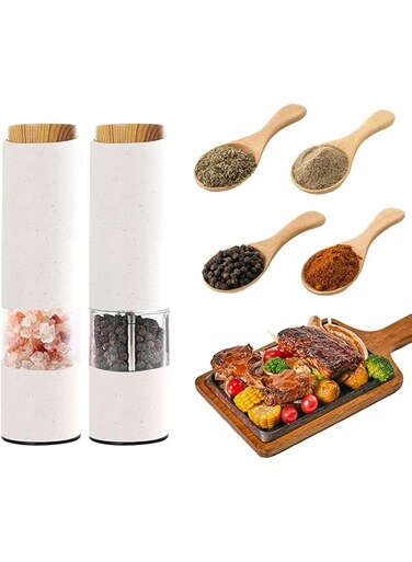 Tazweeq Electric Salt and Pepper Grinder, Pepper Grinder Set 2pcs, Electronic Salt Grinders Pepper Mill Grinder Batteries Kitchen Grinders, Adjustable Coarseness (White)