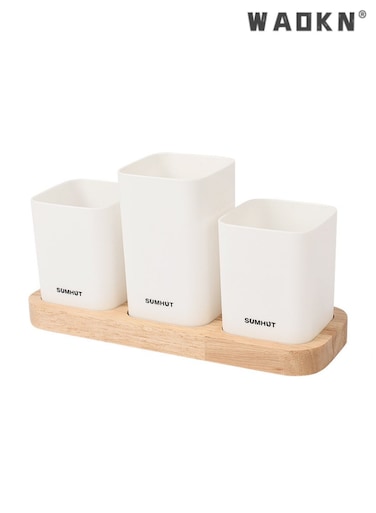 Multi-Functional Storage Set, Silverware Holder &amp; Cutlery Holder, Drainable, Detachable, Wooden Base, Perfect for Desk, Kitchen, Bathroom Organization, Space-Saving, Versatile Use