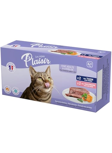 Plaisir Cats Pat&eacute; Rich in Chicken Healthy Adult Wet Cat Wet Food Wet Cat Food in a Alu Tray 4x100g, 2x Salmon and 2x Tuna, Packed, Healthy Cat Pet Food