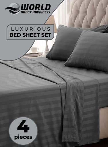 4-Piece Luxury Grey Striped Bedding Set Includes 1 Regular Bedsheet, 1 Fitted Bed Sheet, and 2 Pillow Cases for Ultimate Hotel-Inspired&Acirc;&nbsp;Sophistication in King, Queen and Single Sizes
