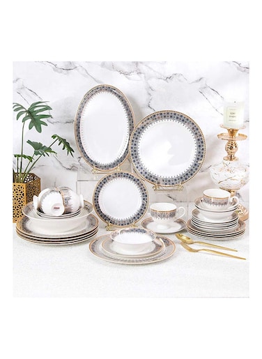 دانوب هوم شارلوت طقم عشاء صيني جديد مكون من 32 قطعة يخدم 6 طقم عشاء أدوات منزلية حديثة من العظام الصينية الجديدة L37.5x27.5xH 28.5 سم ذهبي