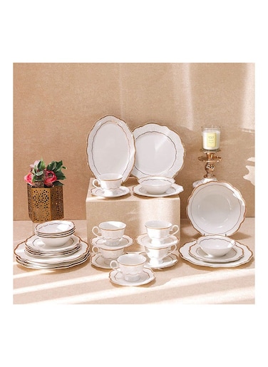 دانوب هوم أريثا طقم عشاء صيني جديد مكون من 32 قطعة يخدم 6 طقم عشاء أدوات منزلية حديثة من العظام الصينية الجديدة L 37.5x27.5 X H 28.5 سنتيمتر ذهبي