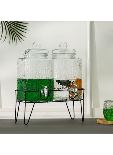 Danube Home Aresha 3-Piece Glass Beverage Dispenser With Rack, 2x5.7L