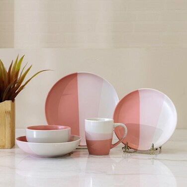 Danube Home Angelika 18-Piece Stoneware Dinner Set, Modern Dinnerware Sets Service For 4 - Pink