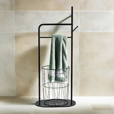 Danube Home Milano Lace Floor Towel Bar With Basket Stylish Free-Standing Towel Rack With Storage Basket, Rust-Resistant Stainless Steel, Modern Bathroom Organizer, Space-Saving Design