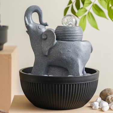 Danube Home Stalaca Elephant Fountain With Rolling Ball &amp; Yellow Light - 21X21X26cm Grey Polyresin Home Decor Collection Indoor Water Feature For Serenity And Charm Decorative Home Accessories