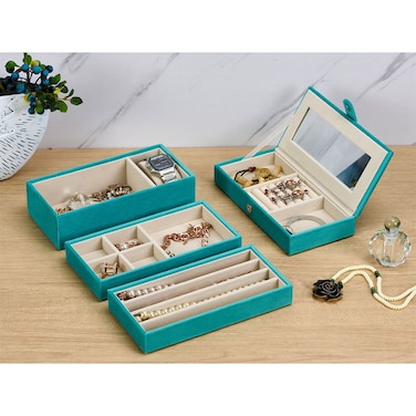Danube Home Elsa Velvet Jewelry Organizer - 23.5X11.5X16cm Turquoise Stylish Jewelry Storage Box For Rings, Necklaces, Earrings &amp; Bracelets Decorative Home Accessories