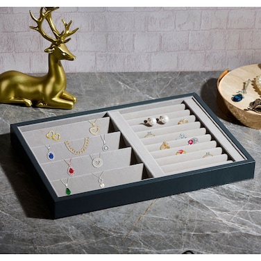 Danube Home Elsa Velvet Jewelry Organizer - 35X24X3.5cm Grey Stylish Solid Wood &amp; Velvet Jewelry Storage Box For Rings, Necklaces, Earrings &amp; Bracelets Decorative Home Accessories