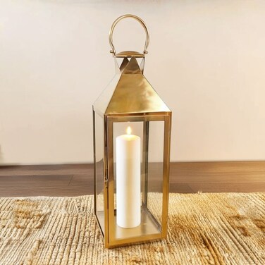 Danube Home Abeer Ss-Glass Conical Lantern Decorative Stainless Steel &amp; Glass Candle Lantern For Indoor &amp; Outdoor Use Home, Garden, Patio, Event Lighting Decor Gold 20X20X59cm
