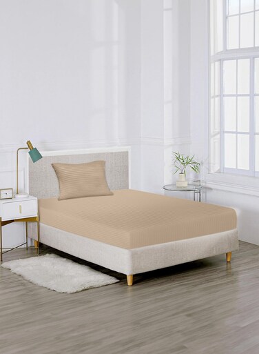 Linen Single Striped Fitted Elastic Bedsheet with 1 Pillow Case 90 x 190 Cm Beige