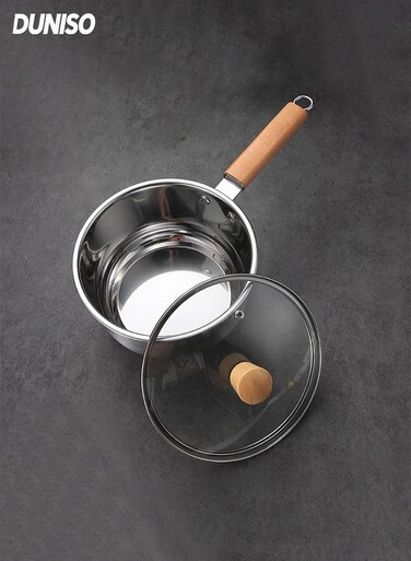 Wooden Handle Soup Pot with Glass Lid &iuml;&frac14;&OElig;Small Stainless Steel Small Pot for Cooking&iuml;&frac14;&OElig;Easy Clean &amp; Rust Free&iuml;&frac14;&OElig;Cookware for All Stoves&iuml;&frac14;&OElig;Dishwasher Safe&iuml;&frac14;&OElig;22cm