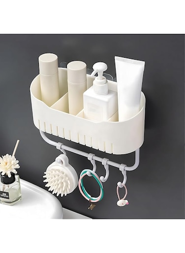 KASTWAVE Self-Adhesive Shower Caddy Bathroom Shower Organizer Accessories with Hook Up, No Drilling Home Shower Shelf for Inside Shower, Plastic Wall Basket for Kitchen Storage Rack (White)