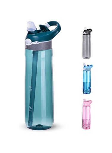 DEARART 750ml Dark Cyan Water Bottle With Straw, 100% Leakproof BPA FREE Hidden Nozzle, Flip Up Lid Clear Water Bottle With Handle, Wide Bottle Easy Clear, Suit Office Sports School Travel Gym Yoga