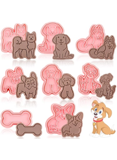 8 Pcs Dog Cookie Cutters with Plunger Stamps Set 3D Puppy Bone Shape Biscuit Cutter Funny Cartoon Cookie Stamps Stamped Embossed Dog Cookie Cutters for Treats DIY Cookie Baking Supplies (Vivid Style)