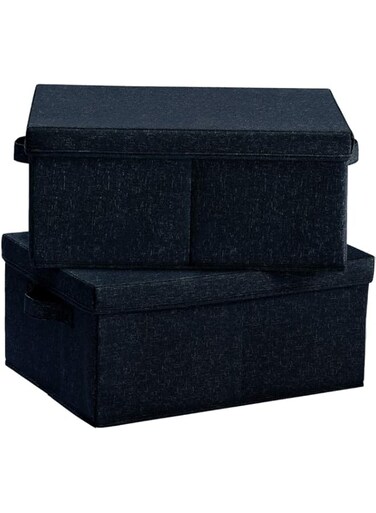 HOONEX Linen Foldable Storage Bins with lid, 2 Pack, Storage Boxes with Carrying Handles and Study Heavy Cardboard, 16.5" L x 11.8" W x 7.5" H for Toy, Shoes, Books, Clothes, Nursery, Black