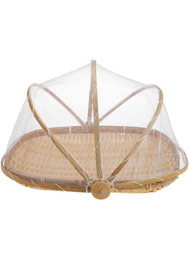 DemiawakingUK Bamboo Food Serving Trays Platters with Food Cover Mesh Tent Wicker Bread Basket Storage Hamper Breakfast Tray for Home Outdoor Picnic (Square)