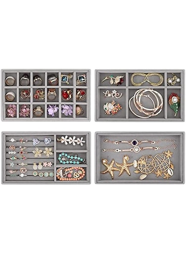 TAME Jewelry Organizer Trays for Drawers, Stackable Velvet Jewelry Drawer Tray Set of 4, Jewelry Display Storage Box Showcase Holder Drawer Organizer for Earring Necklace Bracelet Ring Accessary