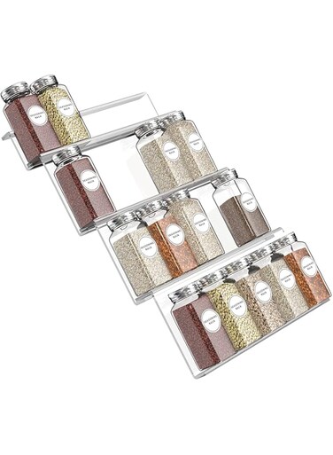 U-HOOME Spice Drawer Organizer Insert for Kitchen Cabinets,Expandable Spice Jar Rack Holder Tray, 4 Slanted Tiers for Garlic, Salt, Pepper Spice Jars, Seasonings (1 pack, Clear)