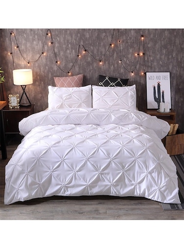 Linens White Pinch Pleated Pintuck Duvet Cover Set,Oversized Queen 200*230 100% Microfiber Soft and Breathable 3 Pieces Premium Comforter Cover Zipper Closure &amp; Corner Ties