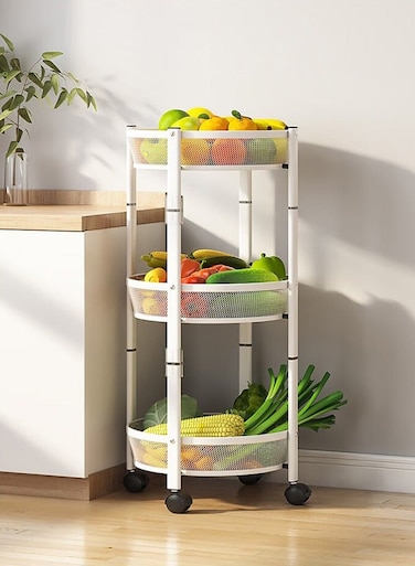 Storage Rack, Fruit And Vegetable Snack Storage Trolley, 360&Acirc;&deg; Rotating Movable, Large-Capacity Foldable, Assembly-Free, Household 3-Layer Storage Basket, White