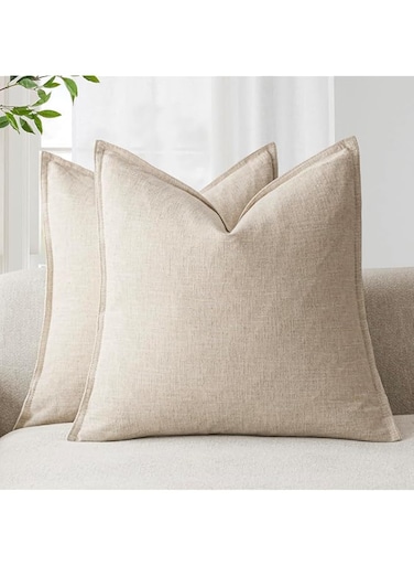 Foindtower Pack of 2, Decorative Linen Soild Throw Pillow Covers Soft Accent Cushion Case Boho Farmhouse Neutral Pillowcase for Couch Sofa Bedroom Living Room Home Decor 18 x 18 Inch Natural Beige