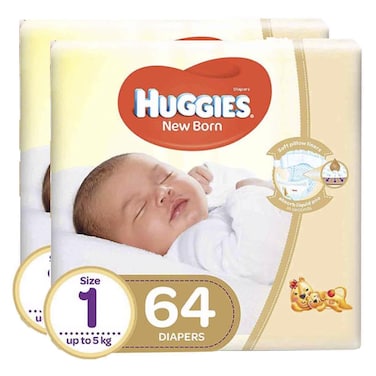 Huggies Diapers Newborn Size 1 Up to 5kg 64 Diapers Pack of 2