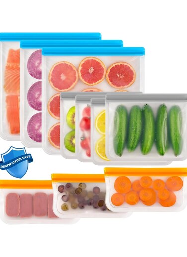 10-Pack Dishwasher Safe Silicone Reusable Food Bags, for Fruit, Veg, Lunch, Snack